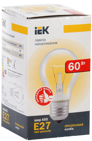 Лампа накаливания A55 шар прозрачная 60Вт E27 IEK