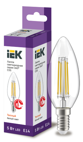 Лампа светодиодная C35 свеча прозрачная 5Вт 230В 3000К E14 серия 360° IEK
