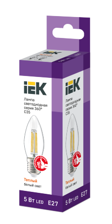 Лампа светодиодная C35 свеча прозрачная 5Вт 230В 3000К E27 серия 360° IEK