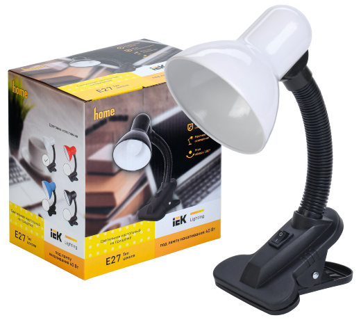 LIGHTING Светильник настольный 1001 на прищепке Е27 белый IEK