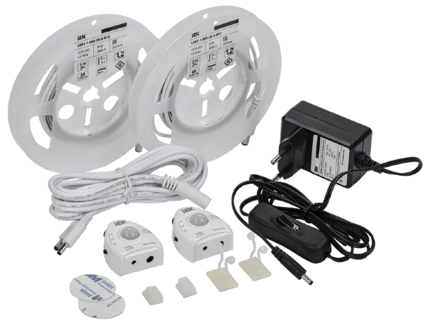 Комплект светодиодной подсветки "Сделай сам" (лента LED 2х1,2м LSR-2835WW60-4,8-IP20-12В + драйвер + 2 датчика движения) IEK
