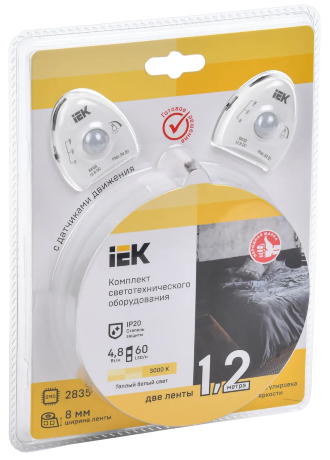 Комплект светодиодной подсветки "Сделай сам" (лента LED 2х1,2м LSR-2835WW60-4,8-IP20-12В + драйвер + 2 датчика движения) IEK