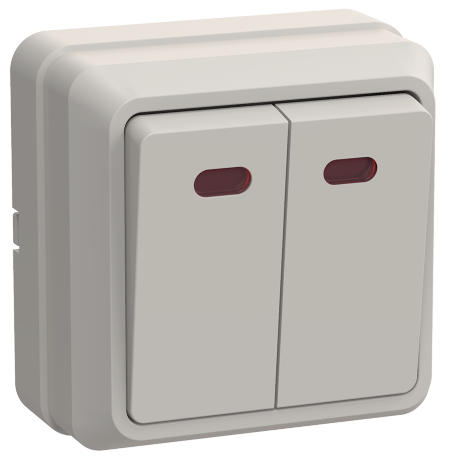 Выключатель 2-клавишный для открытой установки с индикацией ВС20-2-1-ОКм 10А ОКТАВА кремовый IEK