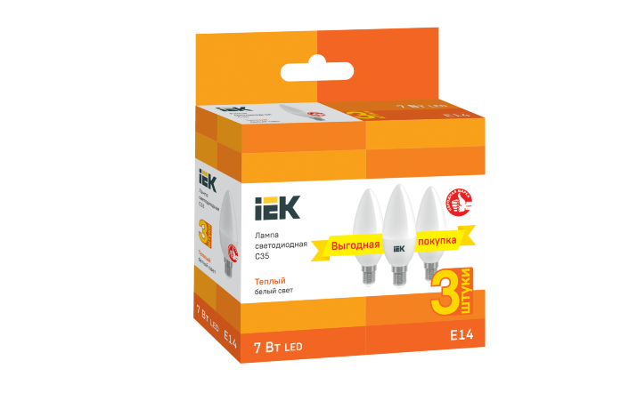 Лампа светодиодная C35 свеча 7Вт 230В 3000К E14 (3шт/упак) IEK