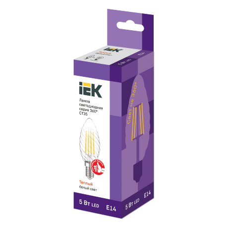 Лампа светодиодная CT35 свеча витая прозрачная 5Вт 230В 3000К E14 серия 360° IEK