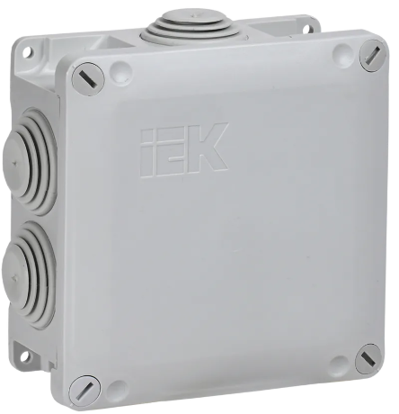 Коробка распаячная КМ для открытой проводки с крышкой на винтах 110х110х50мм IP65 6 гермовводов (RAL 7035) IEK