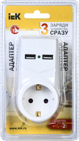 Адаптер Т-01/01 1 место 2P+PE 16А 2хUSB 2,1A белый IEK
