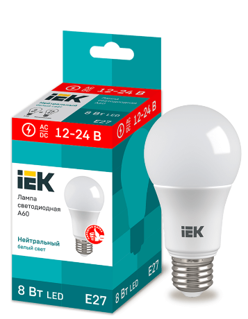 Лампа светодиодная A60 шар 8Вт 12-24В 4000К E27 IEK
