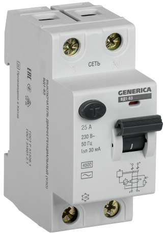 Выключатель дифференциальный (УЗО) ВД1-63 2Р 25А 30мА GENERICA