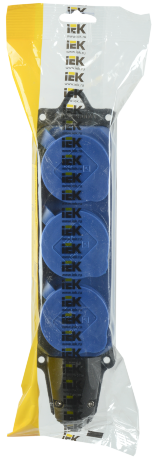 Розетка (колодка) 3-местная РБ33-1-0м с защитными крышками IP44 ОМЕГА синяя IEK