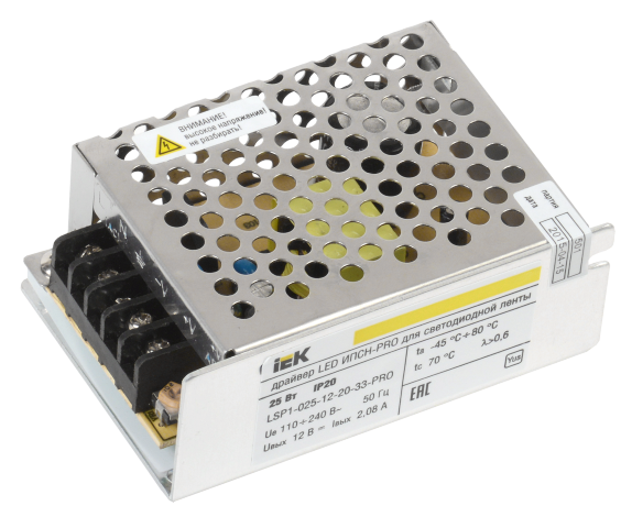 Драйвер LED ИПСН-PRO 25Вт 12В блок-клеммы IP20 IEK