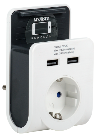 Адаптер Т-02/01 1 место 2P+PE 16А 2хUSB 2,4А с подставкой белый IEK