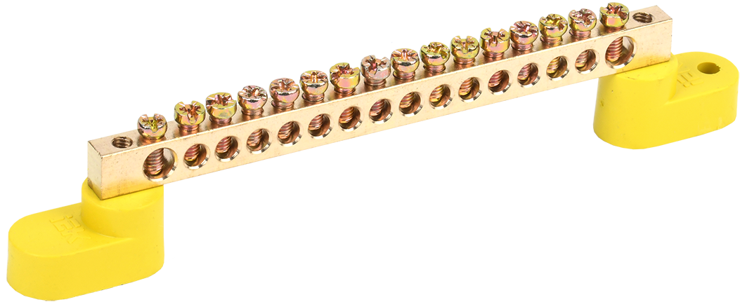 Шина PE "земля" на двух угловых изоляторах ШНИ-6х9-16-У2-Ж IEK