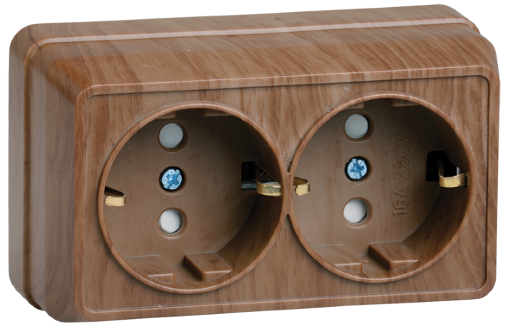 Розетка 2-местная для открытой установки РСш22-3-ОД с заземляющим контактом с защитной шторкой 16А ОКТАВА дуб IEK
