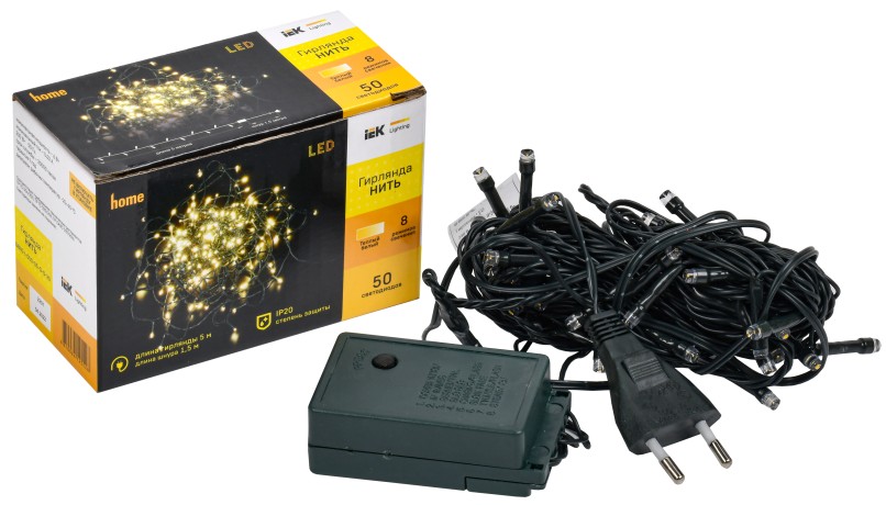 LIGHTING Гирлянда нить 5м 50 светодиодов теплый белый свет IP20 зеленый шнур 1,5м 230В контроллер 8 сцен IEK