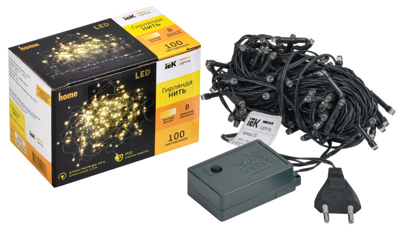 LIGHTING Гирлянда нить 10м 100 светодиодов теплый белый свет IP20 зеленый шнур 1,5м 230В контроллер 8 сцен IEK
