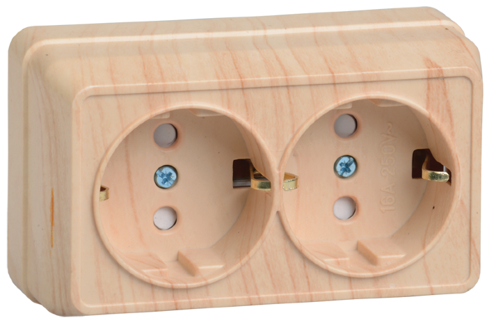 Розетка 2-местная для открытой установки РСш22-3-ОС с заземляющим контактом с защитной шторкой 16А ОКТАВА сосна IEK