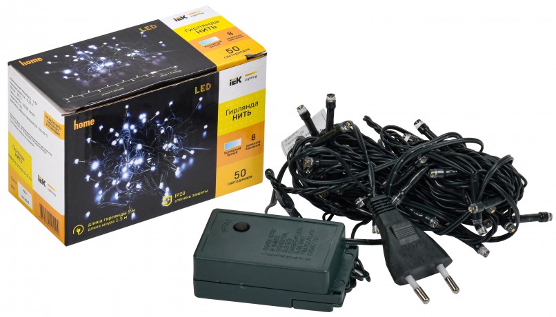 LIGHTING Гирлянда нить 5м 50 светодиодов белый свет IP20 зеленый шнур 1,5м 230В контроллер 8 сцен IEK