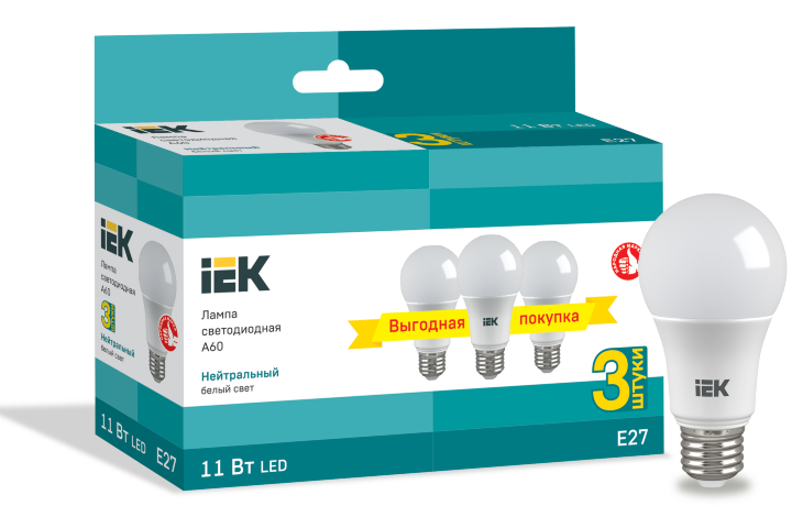 Лампа светодиодная A60 шар 11Вт 230В 4000К E27 (3шт/упак) IEK