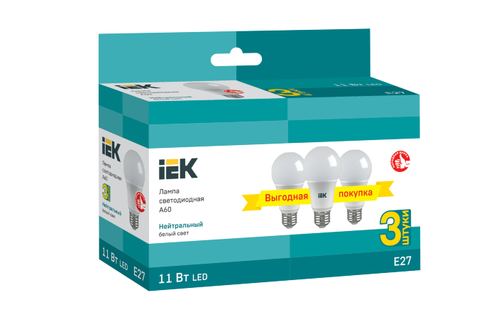 Лампа светодиодная A60 шар 11Вт 230В 4000К E27 (3шт/упак) IEK