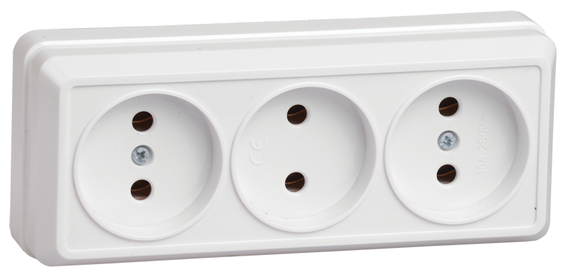 Розетка 3-местная для открытой установки РС23-2-ОБ без заземляющего контакта 10А ОКТАВА белый IEK
