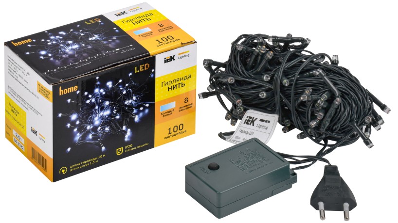 LIGHTING Гирлянда нить 10м 100 светодиодов белый свет IP20 зеленый шнур 1,5м 230В контроллер 8 сцен IEK