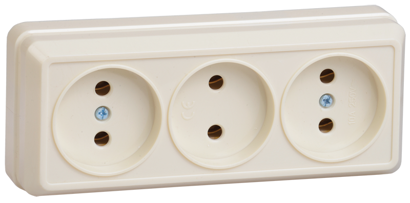 Розетка 3-местная для открытой установки РС23-2-ОК без заземляющего контакта 10А ОКТАВА кремовый IEK