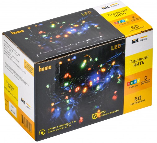 LIGHTING Гирлянда нить 5м 50 светодиодов RGB IP20 зеленый шнур 1,5м 230В контроллер 8 сцен IEK