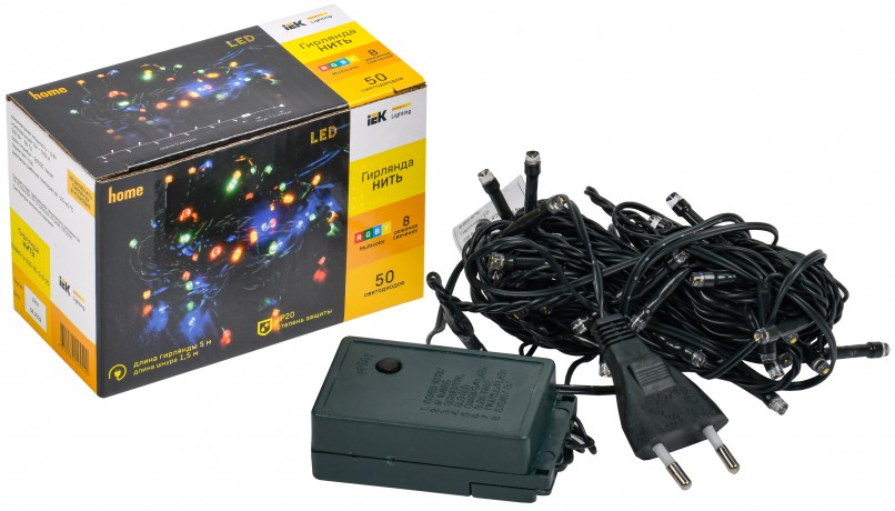 LIGHTING Гирлянда нить 5м 50 светодиодов RGB IP20 зеленый шнур 1,5м 230В контроллер 8 сцен IEK