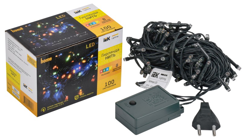 LIGHTING Гирлянда нить 10м 100 светодиодов RGB IP20 зеленый шнур 1,5м 230В контроллер 8 сцен IEK
