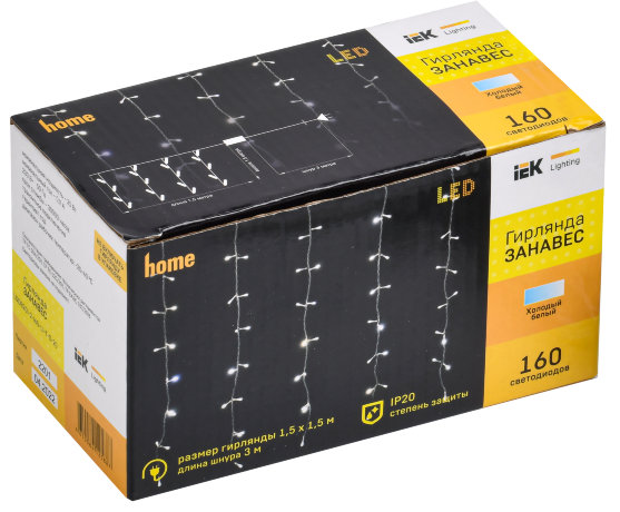 LIGHTING Гирлянда занавес 1,5х1,5м 160 светодиодов белый свет IP20 прозрачный шнур 3м 230В транзит IEK