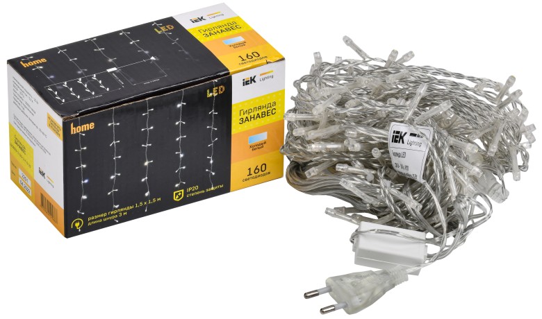 LIGHTING Гирлянда занавес 1,5х1,5м 160 светодиодов белый свет IP20 прозрачный шнур 3м 230В транзит IEK