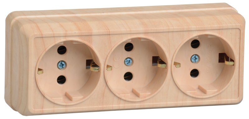 Розетка 3-местная для открытой установки РС23-3-ОС с заземляющим контактом 16А ОКТАВА сосна IEK