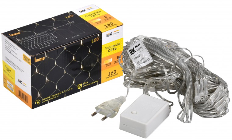 LIGHTING Гирлянда сеть 1,5х1,5м 160 светодиодов теплый белый свет IP20 прозрачный шнур 3м 230В контроллер 8 сцен IEK