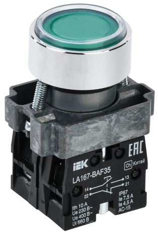 Кнопка управления LA167-BAF35 d=22мм 1з+1р зеленая IEK