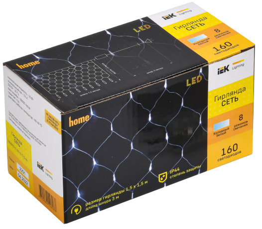 LIGHTING Гирлянда сеть 1,5х1,5м 160 светодиодов белый свет IP20 прозрачный шнур 3м 230В контроллер 8 сцен IEK