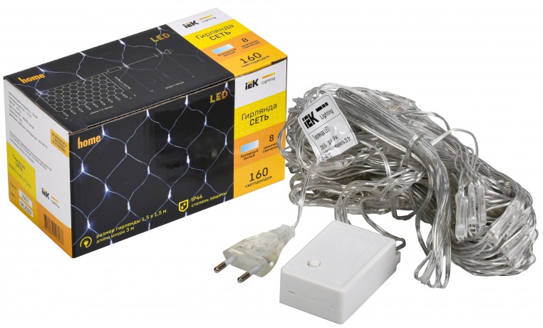 LIGHTING Гирлянда сеть 1,5х1,5м 160 светодиодов белый свет IP20 прозрачный шнур 3м 230В контроллер 8 сцен IEK