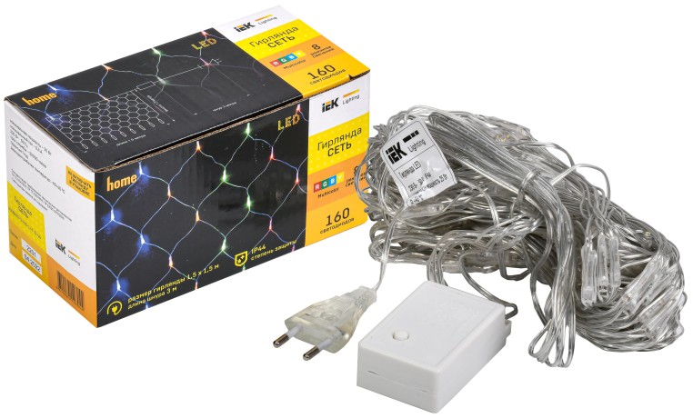 LIGHTING Гирлянда сеть 1,5х1,5м 160 светодиодов RGB IP20 прозрачный шнур 3м 230В контроллер 8 сцен IEK