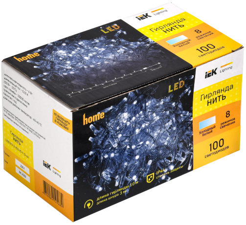 LIGHTING Гирлянда нить 10м 100 светодиодов белый свет IP44 прозрачный шнур 3м 230В контроллер 8 сцен IEK