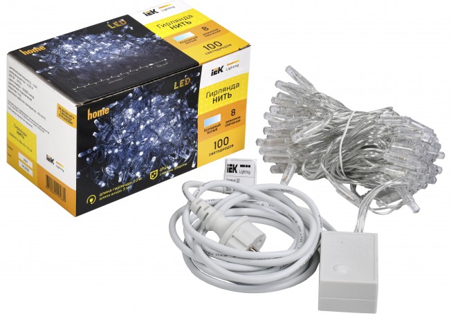 LIGHTING Гирлянда нить 10м 100 светодиодов белый свет IP44 прозрачный шнур 3м 230В контроллер 8 сцен IEK