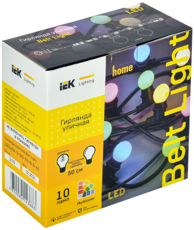 LIGHTING Гирлянда белт-лайт 5м 10 цветных ламп IP65 черный шнур 3м 230В транзит IEK