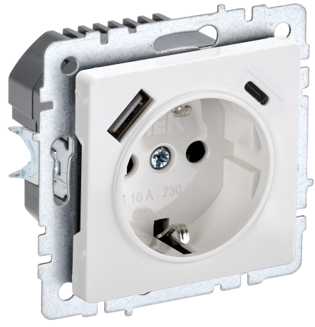 BRITE Розетка 1-местная с заземлением с защитными шторками 16А с USB A+C 18Вт РЮш11-1-БрБ белый IEK