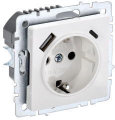 BRITE Розетка 1-местная с заземлением с защитными шторками 16А с USB A+C 18Вт РЮш11-1-БрБ белый IEK