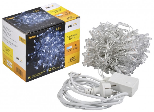 LIGHTING Гирлянда нить 20м 200 светодиодов белый свет IP44 прозрачный шнур 3м 230В контроллер 8 сцен IEK