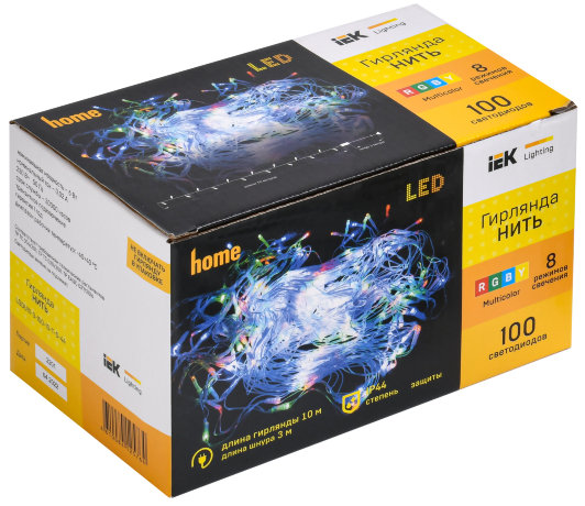 LIGHTING Гирлянда нить 10м 100 светодиодов RGB свет IP44 прозрачный шнур 3м 230В контроллер 8 сцен IEK
