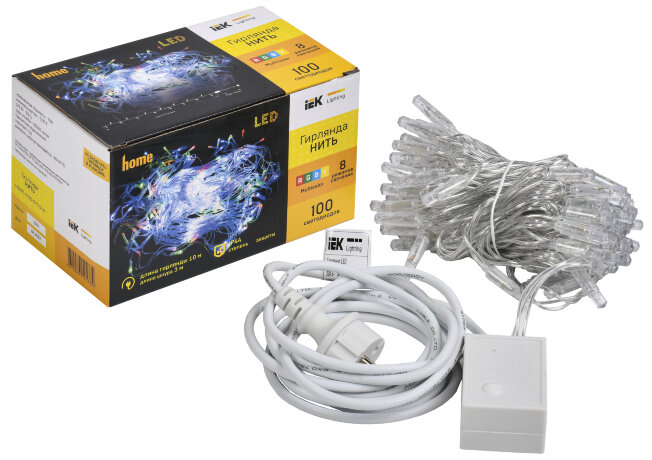LIGHTING Гирлянда нить 10м 100 светодиодов RGB свет IP44 прозрачный шнур 3м 230В контроллер 8 сцен IEK