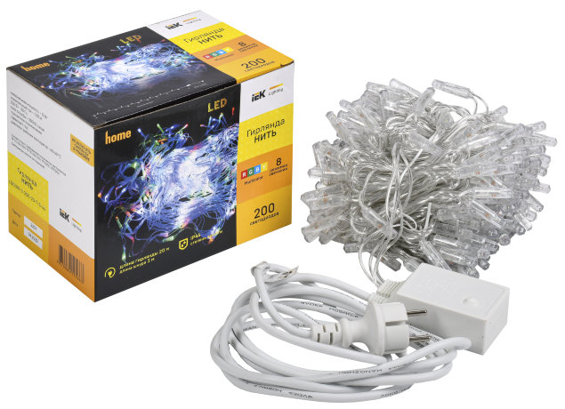LIGHTING Гирлянда нить 20м 200 светодиодов RGB свет IP44 прозрачный шнур 3м 230В контроллер 8 сцен IEK