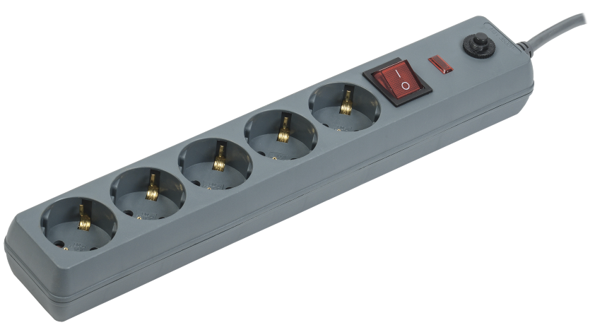 Сетевой фильтр СФ-05К-выкл. 5 мест 2Р+PЕ/3метра 3х1мм2 16А серый IEK