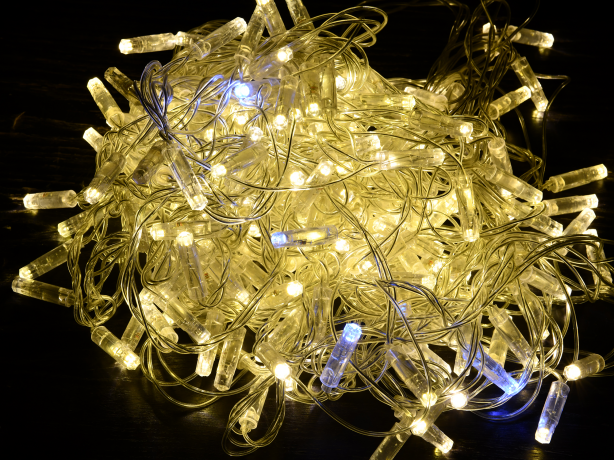 LIGHTING Гирлянда нить 10м 100 светодиодов теплый белый свет IP44 прозрачный шнур 3м 230В мерцание транзит IEK