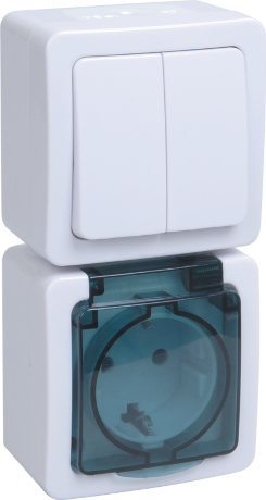 Блок вертикальный для открытой установки БВб-22-32-ГПБд (Выключатель 2-клавишный + розетка 1-местная с заземляющим контактом) IP54 ГЕРМЕС PLUS (белый/дымчатый) IEK